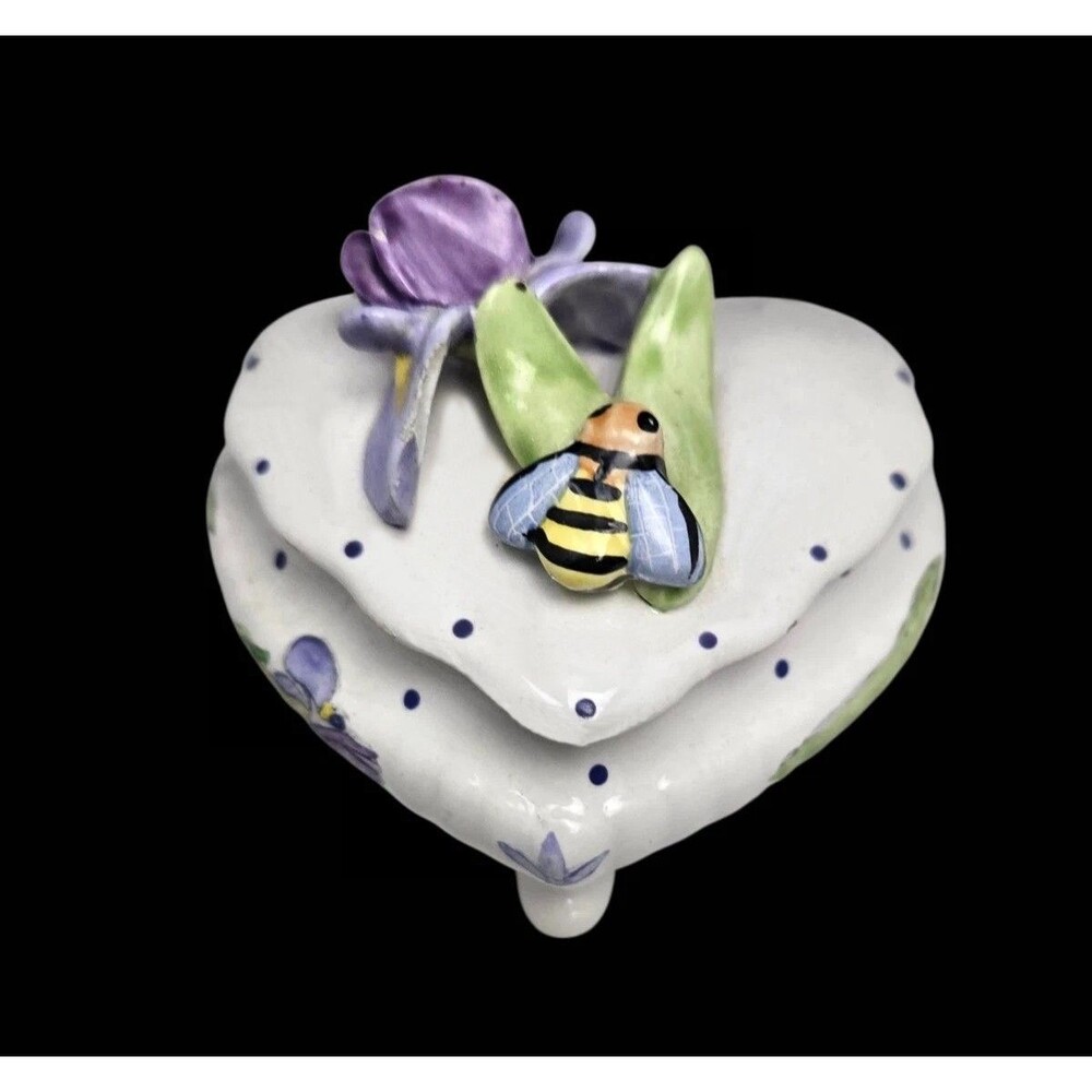 Vintage Khim Trinket Box Flower Bumblebee 3D Lid Porcelain Heart Shaped Signed